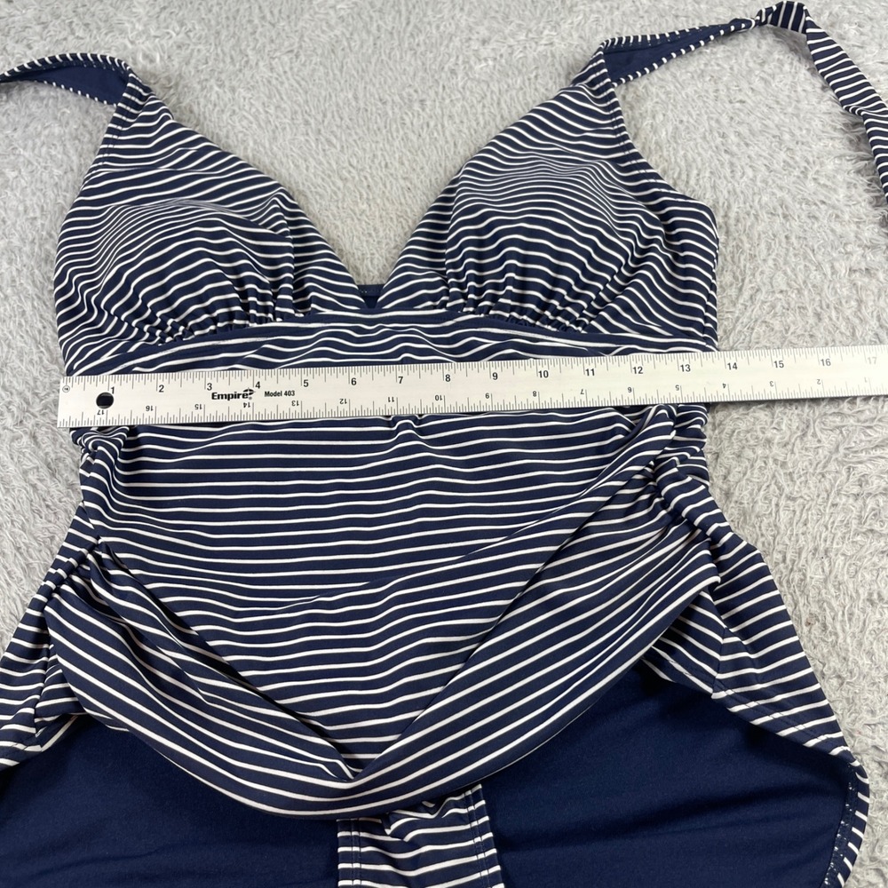 GapBody Navy Blue White Striped Ruched Halter One Piece Swimsuit Large - Picture 3 of 9